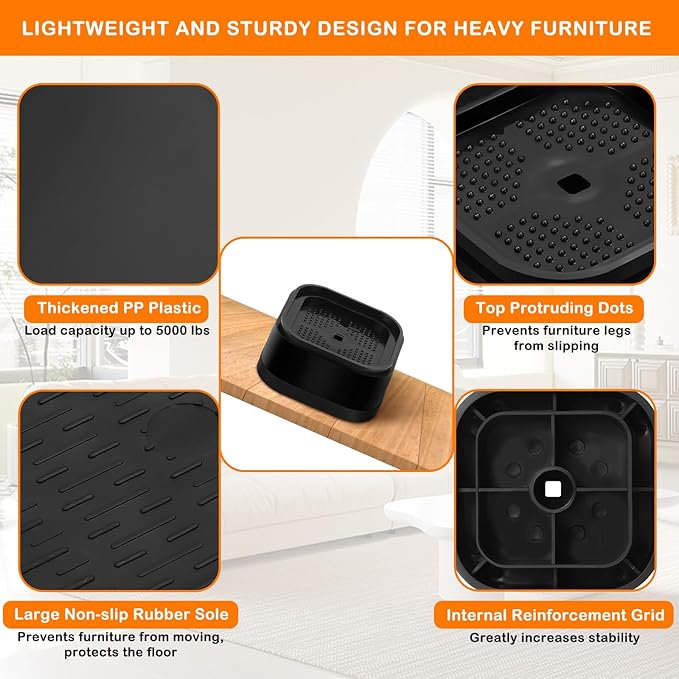 shouwuhho 9 Pack Furniture Risers Adjustable Bed Risers Heavy Duty Lifts Height 1", Square Stackable Bed Risers 1, 2 or 3 Inch for Desk Leg Table Couch Sofa Chair Bed Frame Legs Dorm, Black