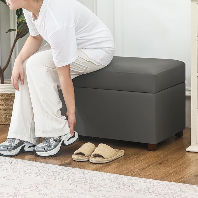 Joveco 32" Leather Storage Ottoman Bench, Rectangle Foot Rest Stool for Living Room, Bedroom, Entryway, Grey