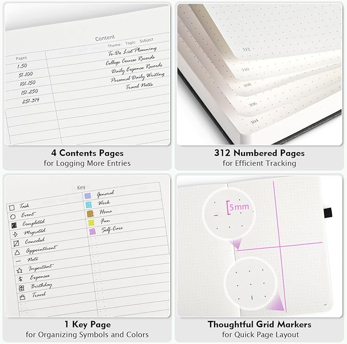 OFFIGIFT Bullet Dotted Journal Notebook, 312 Numbered Pages A5 Hardcover Dotted Notebooks, 100gsm No Bleed Paper Dot Grid Notebook with Index Pages, Dot Journal for Women Men, 5.75" x 8.38", Brown