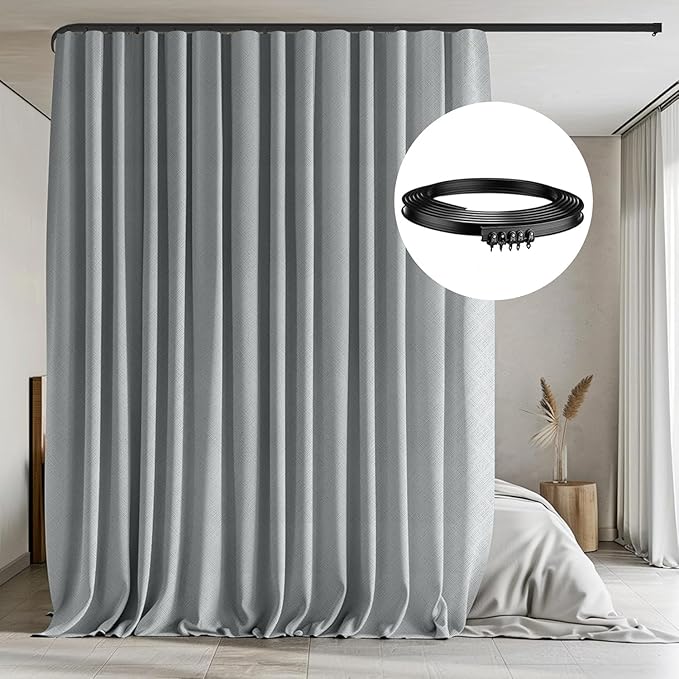 MaKefeile Room Divider Curtains with Flexible Ceiling Tracks Set,Blackout Curtain Ceiling Mount Curtain Track Privacy Room Dividers Ceiling Track Curtain Rod(Grey Drape & Black Rail W 12.5 × H 8 FT)
