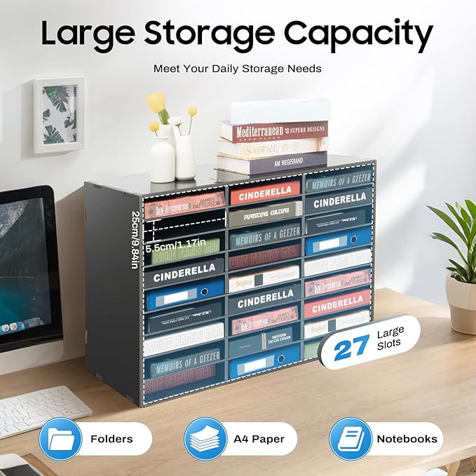 Fifizoo Literature Organizer with 27 Compartments | Adjustable Desktop File Sorter Mail Center for Home, Office & Classroom | PVC Paper Storage Cabinet with Shelves, Black