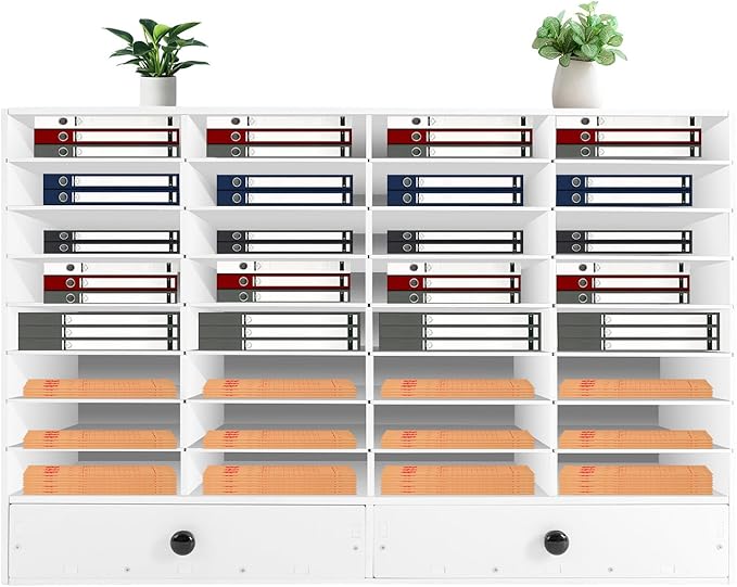 SHIECAMASIC Literature Organizer, 32 Compartments Office Mailbox with 2 Drawers & Adjustable Shelves, Durable Desktop File Sorter for Home, Office and School (White)
