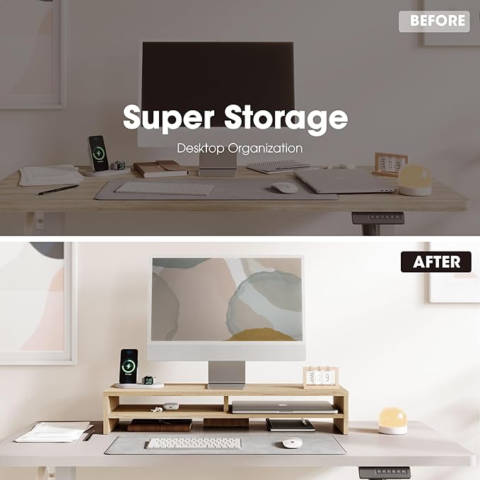 Fenge Monitor Stand, 31.5 Inch Computer Monitor Riser for Desk, 2 Tiers Wood Desk Shelf with Storage, Desktop Organizer for PC, Laptop, Screen, Printer