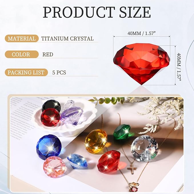 PATIKIL 5 Pcs Diamond Crystal Paperweight, 40mm / 1.57 Inch Crystal Paperweight Paper Weight for Home Office Desktop Table Decor Wedding Party Jewelry Ornaments, Red