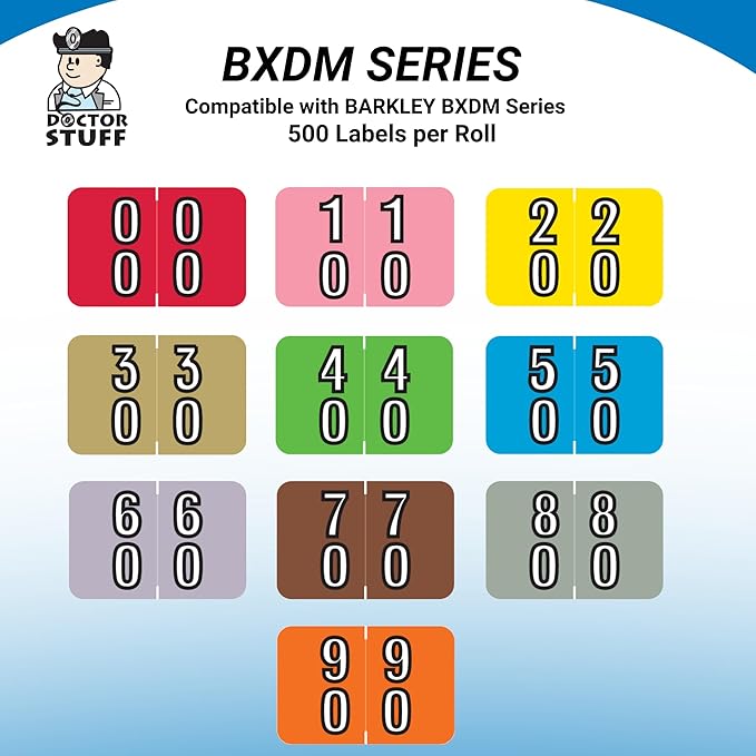 Doctor Stuff - File Folder Labels, Terminal Digit Filing, Consecutive Double Digit Numbers 50-59, Barkley FDDBM Match - BXDM Series Chart Stickers, Blue, 1" x 1-1/2", 500/Roll