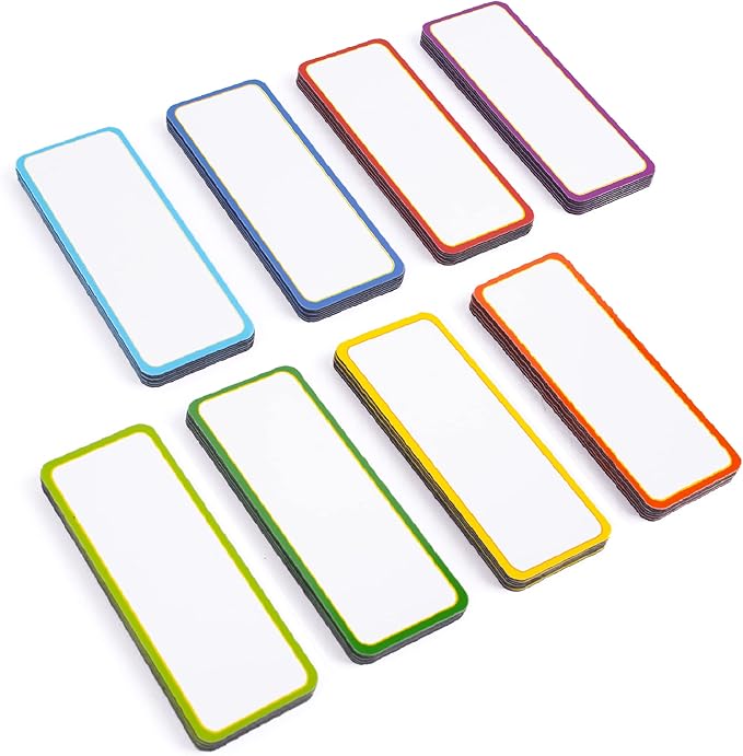 Availey 48 Pieces (3.2 x 1.2) - Colored Border Magnetic Dry Erase Labels - Reusable Strips for Classroom Home Office Garage Refrigerator Blank Writable Erasable Cards Name Tags Students Locker Shelf