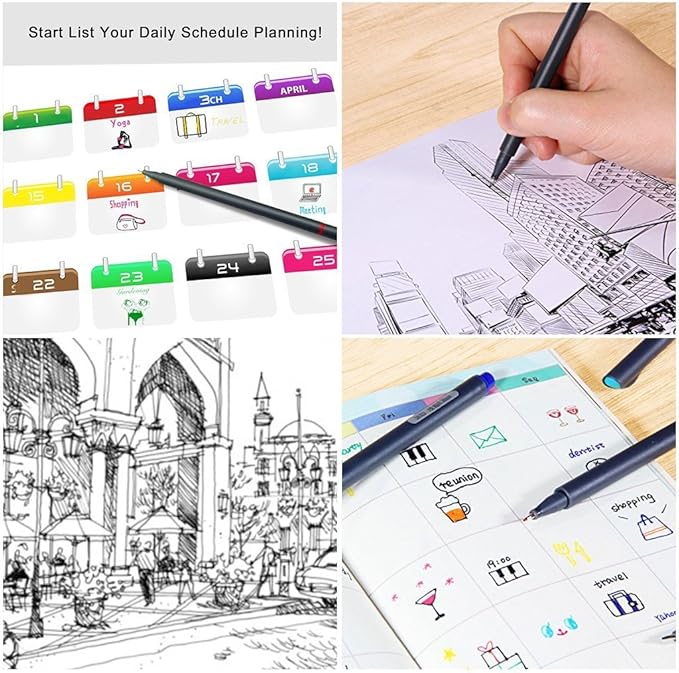 Taotree 24 Fineliner Color Pens, Fine Line Colored Sketch Writing Drawing Pens for Journaling Planner Note Taking Adult Coloring Books, Porous Fine Point Markers, Office Teacher Art Supplies