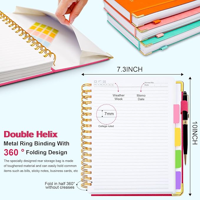 Hardcover Spiral Notebook 8"x10" Journal Notebook with Tabs and Removable Dividers 300 Pages 5 Subject Notebook College Ruled, Faux Leather Spiral Bound Notebook for Women School Work (Rose Red)