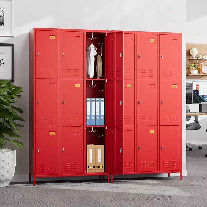 SUPEER 9 Doors Metal Locker with Business Card Holder and 27 Hooks,Metal Locker for Employees with Ventilation Holes for School Garage Office Gym Home,Assembly Required,Red