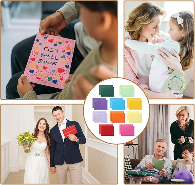 Silunkia 100 Packs 10 Assorted Colors Blank Flat Cards and Envelopes 4 x 6 Heavyweight Single Panel Cardstock and A4 Envelopes Printable Self Seal for Graduations, Wedding Invitations, Thank You Cards