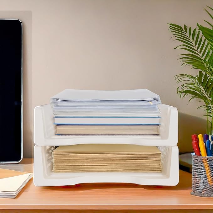 Letter Tray Desk Organizer – Stackable Paper Organizer for Home & Office, Durable Plastic Paper Tray for Desk, A4 & Letter-Size Document Holder (White)