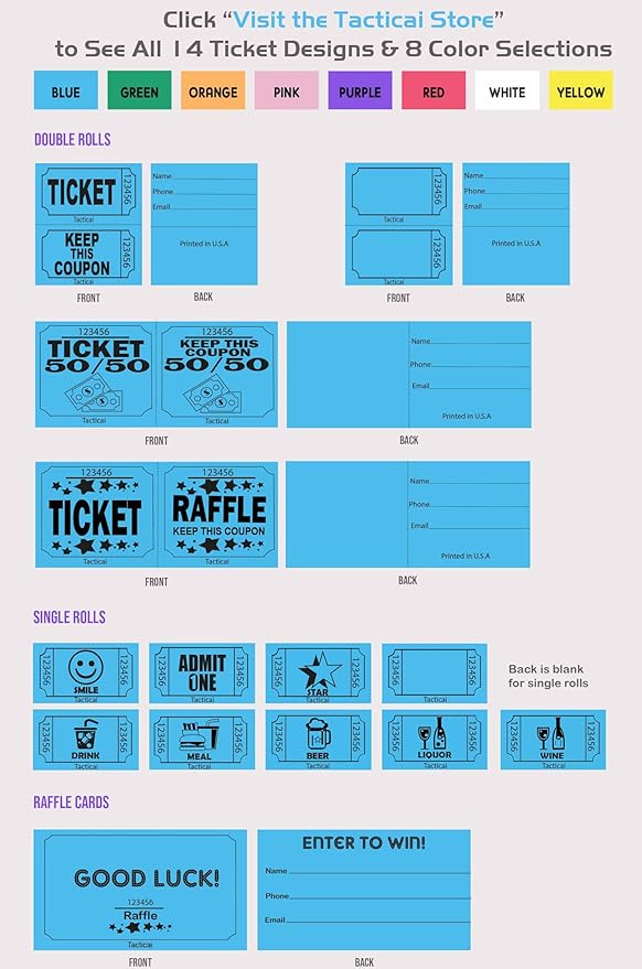 Tacticai 1000 Raffle Tickets, Drink, White (1 of 8 Colors), Single Roll for Events, Entry, Class Reward, Fundraiser & Prizes