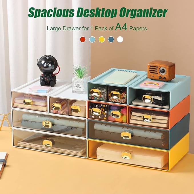 OSteed Spacious Desktop Storage Box, 2 Large Storage Drawers, Stackable Office Desk Drawer Organizer and Accessories, Printer Paper Organizer, Blue & Cyan Plastic Drawers for Workspace & Home