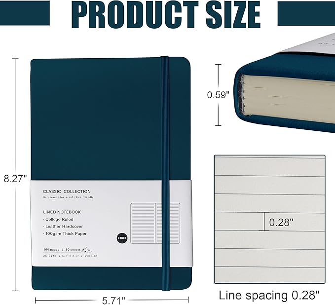 EMOMAS Lined Journal Notebook – Hardcover Notebook for Men & Women – Journals for Writing, Work, School, Home & Daily Notes, 160 Pages – Medium A5, 5.7"x8", 100 gsm Thick Paper (Turquoise)