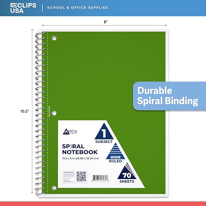 E-CLIPS USA Spiral Notebook, Wide Ruled Notebooks (48 Pack Bulk), 70 Sheets, Single Subject, Notebooks Bulk, 6 Color Assortment, 3 Hole Perforated Sheets (48, Wide Ruled)