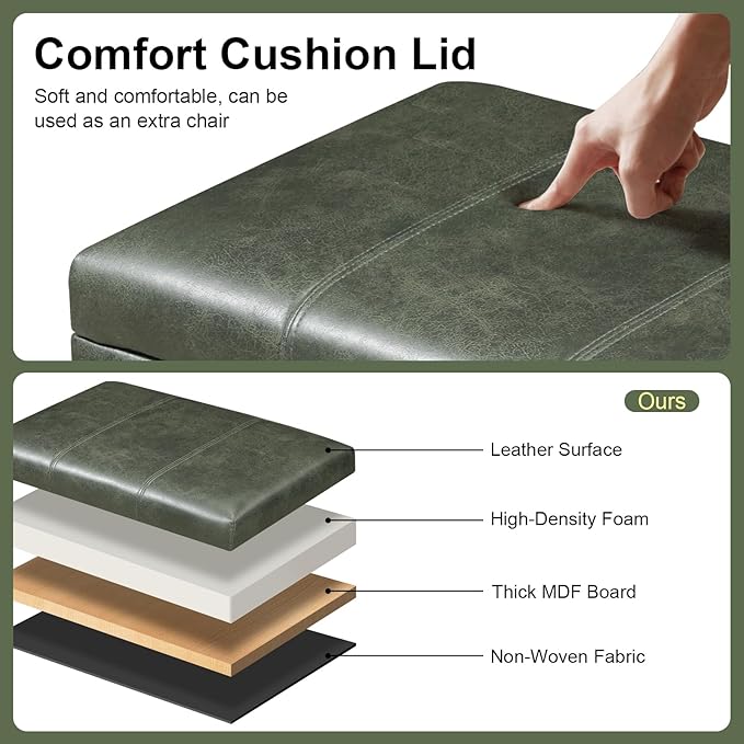 Joveco 24" Faux Suede Storage Ottoman Bench, Rectangle Foot Rest Stool for Living Room, Bedroom, Entryway, Moss Green