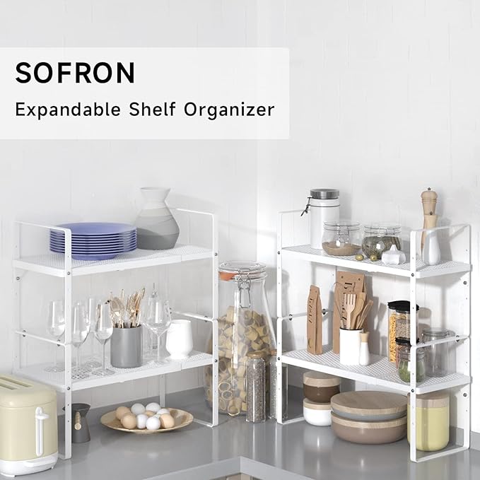 SOFRON Expandable Cabinet Storage Shelf Stackable Organizer Rack for Kitchen Bathroom Pantry Spice Cupboard Coffee Countertop Home Office Desk Heavy Duty Nonslip White Large 1 Pack