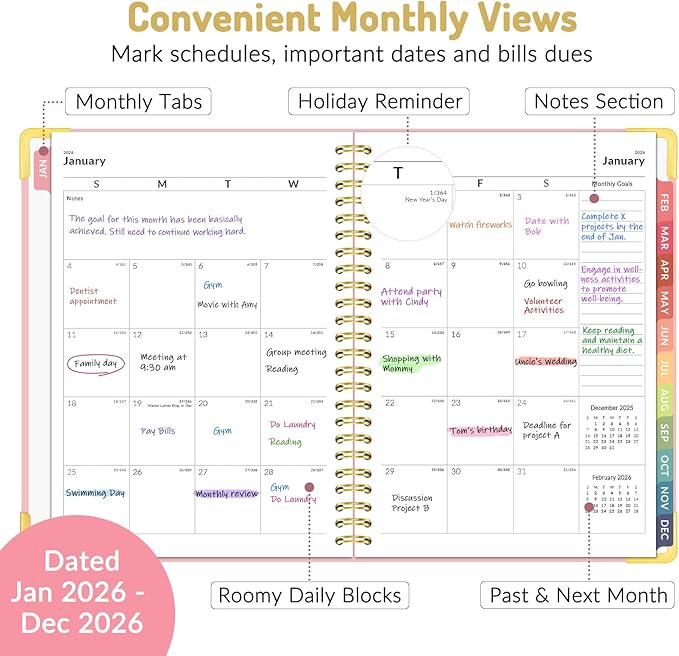 Forvencer 2026 Planner, Hardcover Calendar Planner Weekly and Monthly, Jan 2026 - Dec 2026, 6" x 8", Spiral Agenda Book with Tabs, Exquisite Daily Journal Organizer for Home School, Purple Marble