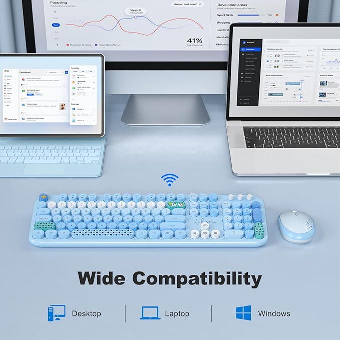 MOFII Wireless Keyboard and Mouse Combo, Full Size 2.4G Plug and Play Typewriter Retro Round Computer Keyboard and Mouse Set for Windows, Computer, Desktop, PC, Notebook - (Blue Colorful)