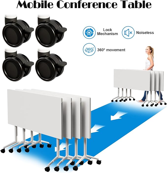 Conference Table Flip Top Mobile Conference Room Tables,Folding Conference Table with Wheels,Large Meeting Training Seminar Table Saving Space for Office Classroom (2, White, 47.2'')
