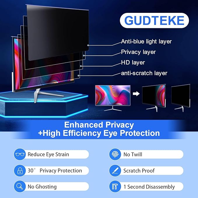 GUDTEKE Computer Privacy Screen Filter 21.5 Hanging Monitor Privacy Screen Protector for 16:9 Aspect Ratio Widescreen Computer Monitor, Eye Protection Anti Glare Blue Light Screen Protector