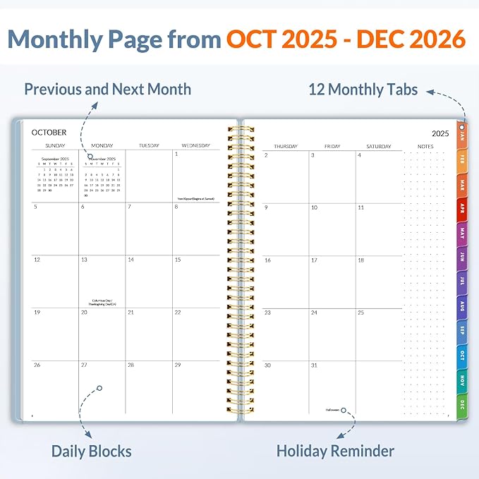 SUNEE 2026 Planner, Weekly and Monthly Calendar Planner, January 2026-December 2026, Daily Agenda with Tabs, Note Pages, Spiral Binding, 8.5"x11", Blue