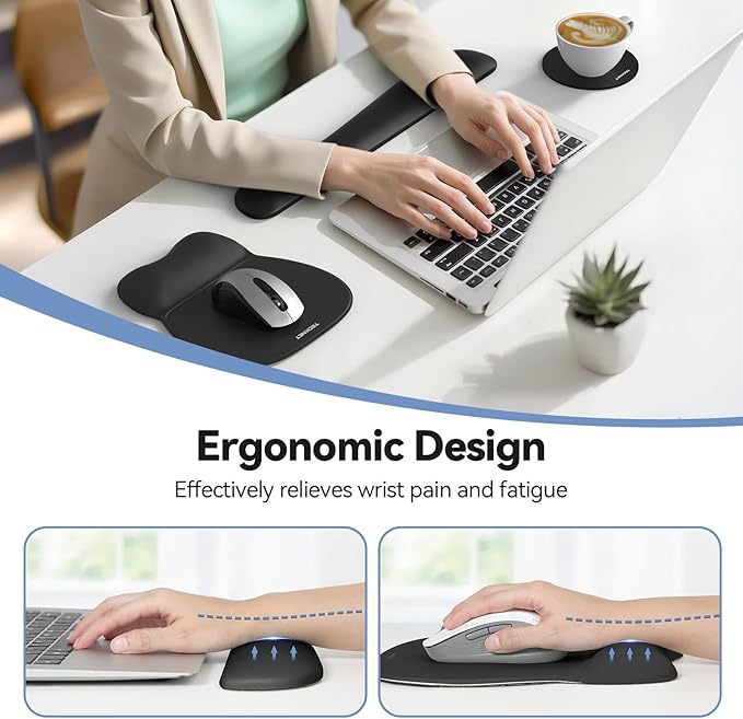 TECKNET Gel Mouse Pad Set with Wrist Rest and Keyboard Wrist Rest, Ergonomic Mousepad Rests with Non-Slip PU Base for Pain Relief, Computer, Laptop, Office & Home