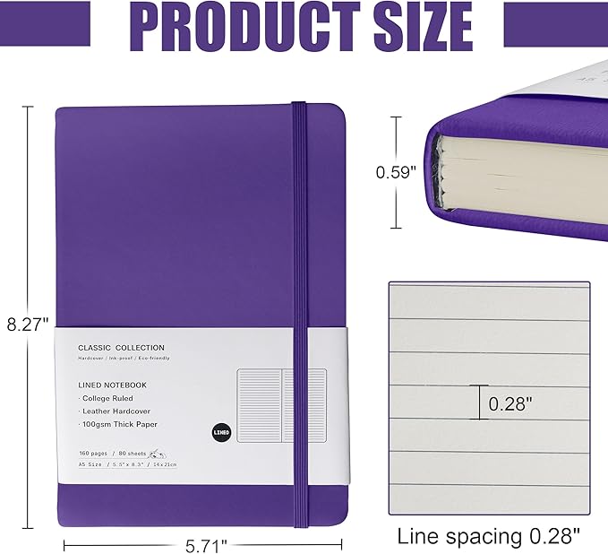 EMOMAS Lined Journal Notebook – Hardcover Notebook for Men & Women – Journals for Writing, Work, School, Home & Daily Notes, 160 Pages – Medium A5, 5.7"x8", 100 gsm Thick Paper (Purple)