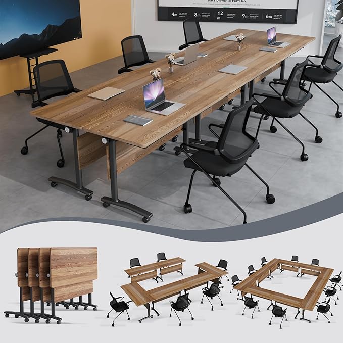 Folding Conference Table 4ft 5ft, Foldable Office Meeting Desk for 6 People, Multiple Sizes Colors Mobile Conference Room Table for Training Room School Business Furniture (6, White Walnut, 55in)