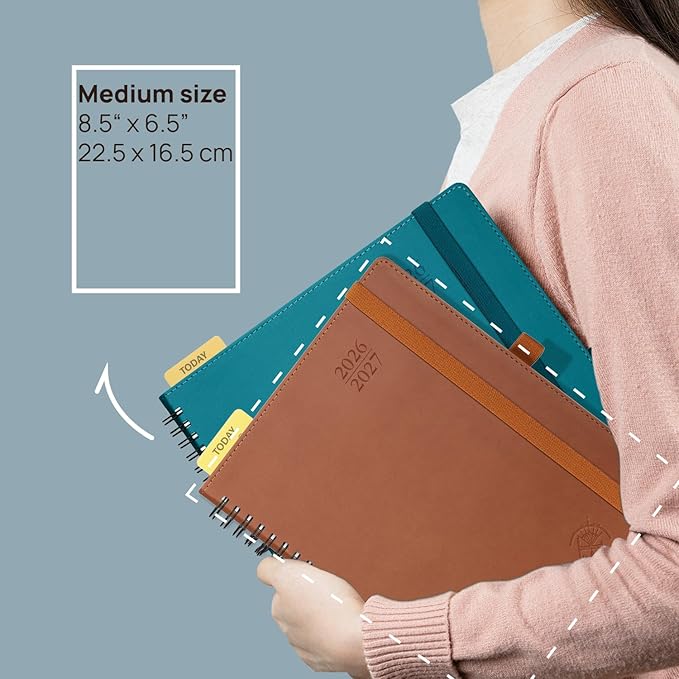 POPRUN Monthly Planner 2026-2027 (Medium 6.5" x 8.5") 18 Months Calendar Book(Jan 2026 - Jun 2027) - 4 Pages per Month with Expense & Notes, Stair-like tabs, Leather Cover, Sunday Start - Brown
