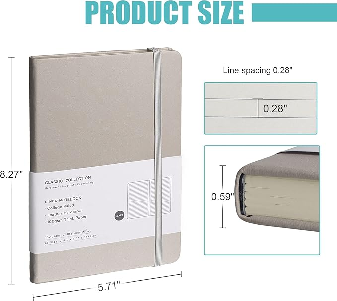 EMOMAS Lined Journal Notebook – Hardcover Notebook for Men & Women – Journals for Writing, Work, School, Home & Daily Notes, 160 Pages – Medium A5, 5.7"x8", 100 gsm Thick Paper (Grey)