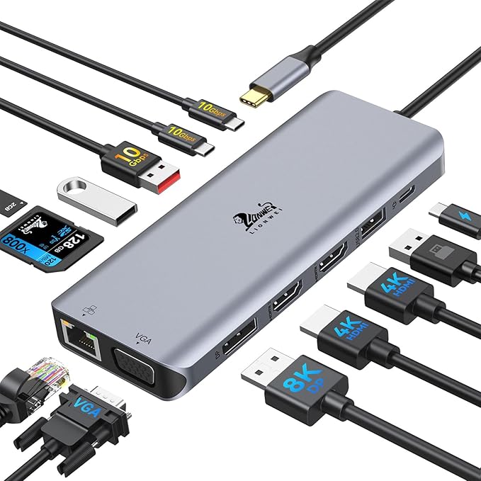 Laptop Docking Station 4 Monitors, Dual HDMI+8K DP+VGA, 10Gbps, 100W PD, 6 USB C/A Ports, Ethernet, SD/TF, LIONWEI 13 in 1 USB C Hub for MacBook/Dell/HP/Surface