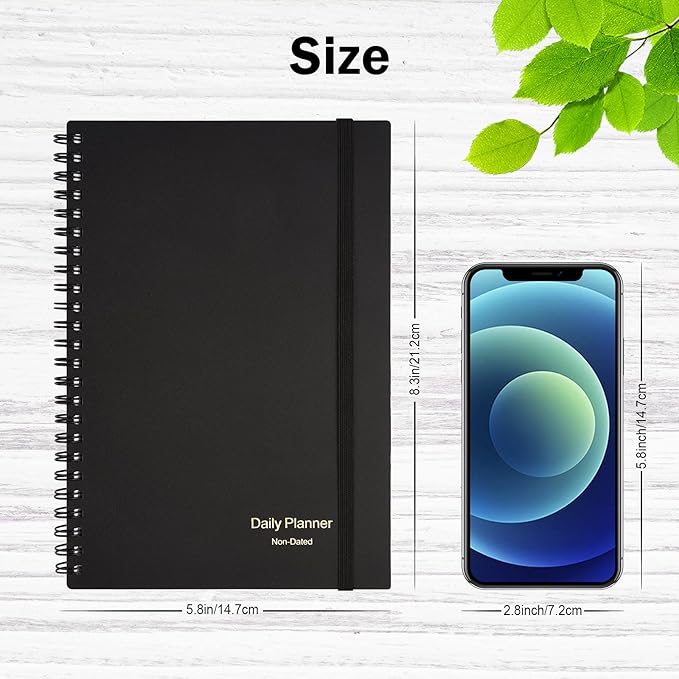 Daily Planner Undated, Asten To Do List Notebook Hourly Schedules Spiral Appointment Planner for Men and Women,PVC Hardcover,Elastic Closure, Inner Pocket 8.3" x 5.8" (Black)