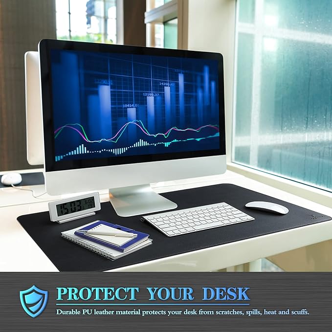 K KNODEL Desk Mat, Blotter, Dual-Sided Office Desk Pad, Waterproof Desk Mat for Desktop, Desk Blotters, PVC Leather Pad Protector (Black, 31.5" x 15.7")