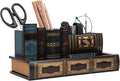 VERGOODR Decorative Pencil and Pen Holder with Storage Drawer, Wooden Desk Organizer Caddy, Antique Library Books Design Pen Cup for Office Supplies, Countertop, Desk,Table (Reddish brown)
