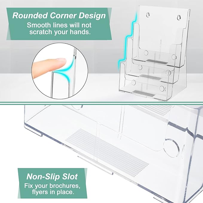 Argvey Acrylic Brochure Holder 8.5 x 11 inches, 3 Tier Clear Literature Holder with Removable Divider for Trifold 4 Inches Wide Pamphlet, Plastic Flyer Display Stand for Magazine, Document, Booklet
