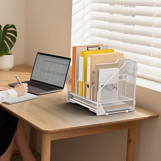 OrgMate Desk File Folder Holder Organizer-4 Vertical Compartments Racks and Paper Letter Tray,Mesh Magazine File Holder Sorter,Desktop Accessories & Workspace Organizers for Home,Office,School-White