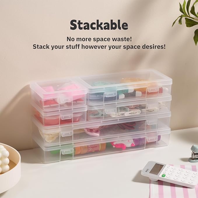 novelinks Stackable Plastic Clear Storage Box Containers with Latching Lid - Art Craft Supply Organizer Storage Containers for Pencil Box, Crayon, Beads (2 Small + 2 Medium + 2 Large -Clear)