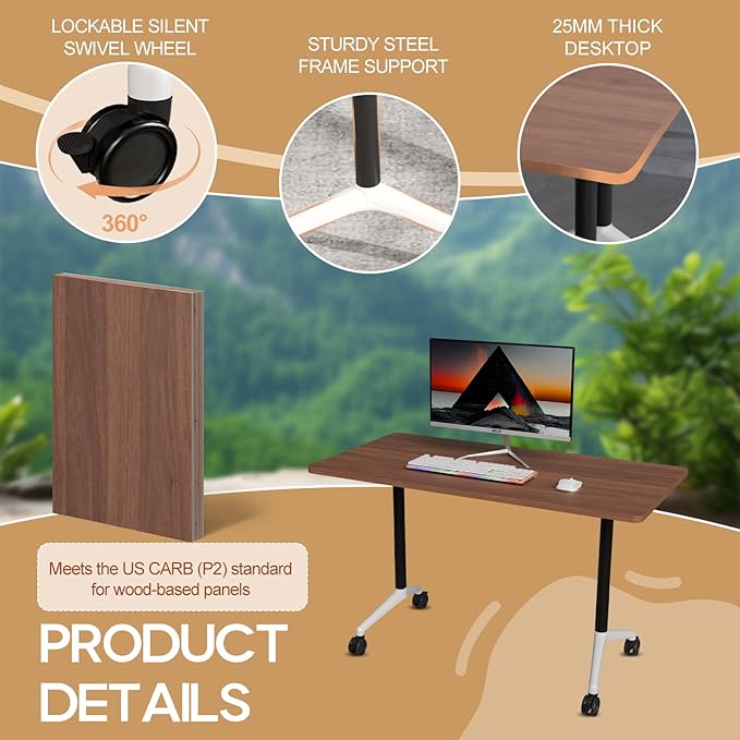 Folding Conference Table 4ft 5ft, Foldable Office Meeting Desk for 6 People, Multiple Sizes Colors Mobile Conference Room Table for Training Room School Business Furniture (6, Walnut, 55in)