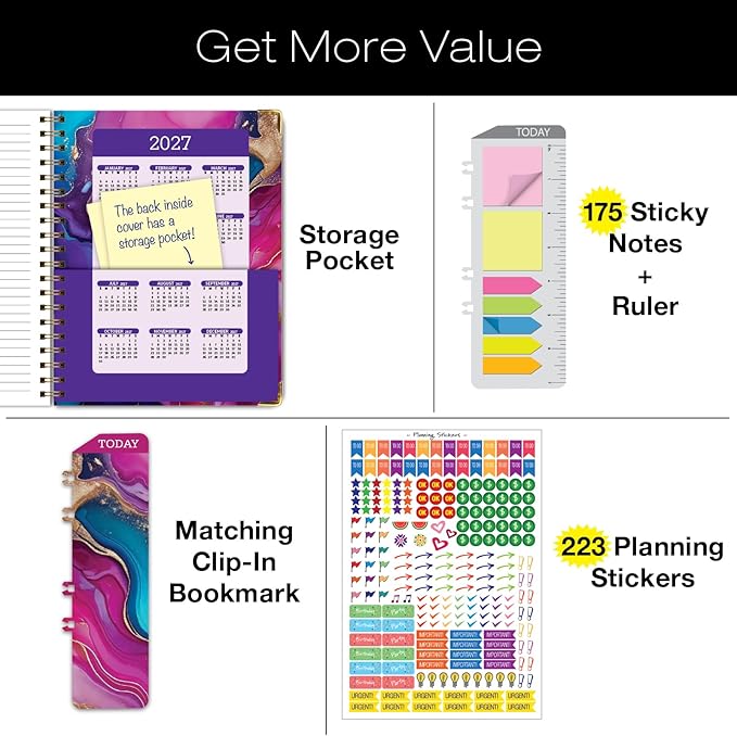 HARDCOVER 2026 Planner, 8.5"x11": 14 Months (November 2025 - December 2026), Daily Weekly Monthly Planner, Yearly Agenda, Bookmark, Pocket Folder and Sticky Note Set (Pink Purple Marble)