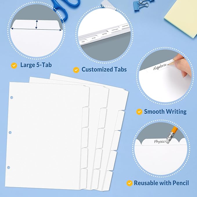 SUNEE Binder Dividers with Tabs for 3 Ring Binder, 8.5 x 11 Paper White Binder Dividers Blank with 5 Tabs, 20 Sets Page Dividers for School, Office and Home, 100 Dividers