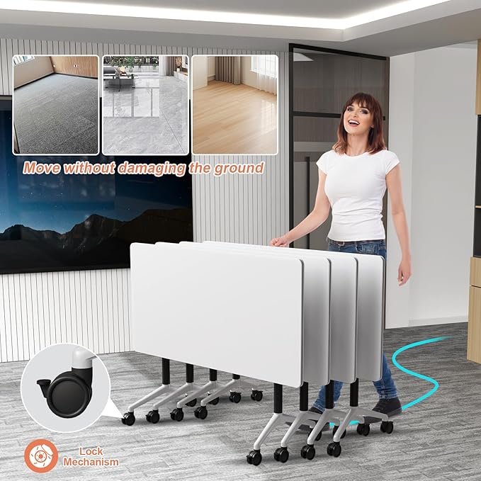 Conference Table Flip Top Mobile Conference Room Tables,Folding Conference Table with Wheels,Large Meeting Training Seminar Table Saving Space for Office Classroom(12A,55.1'')