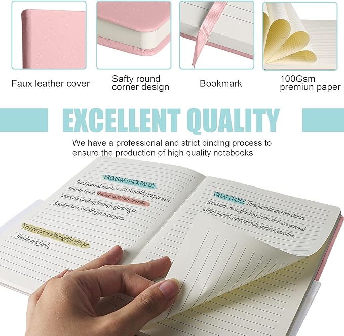 EMOMAS Lined Journal Notebook, 6Pack Hardcover Notebook for Men & Women – Journals for Writing, Work, School, Home & Daily Notes, 160 Pages – Medium A5, 5.7"x8", 100 gsm Thick Paper (pink)