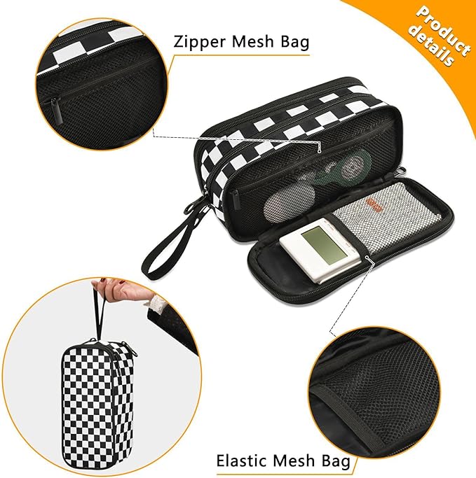 BOENLE Custom Black White Checkered Pattern Pencil Case Box Boys Girls Personalized Name Large Pencil Pouch Stationery Pen Bag Organizer for Kids Adults School
