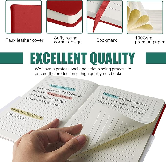 EMOMAS Lined Journal Notebook, 10Pack Hardcover Notebook for Men & Women – Journals for Writing, Work, School, Home & Daily Notes, 160 Pages – Medium A5, 5.7"x8", 100 gsm Thick Paper (Red)