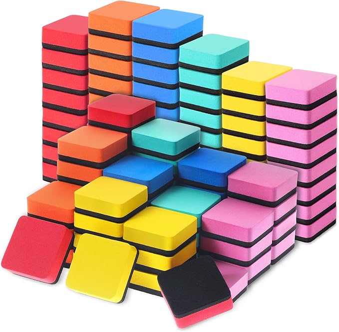 TaoBary Taobary 96 Pack Mini Dry Erase Erasers Bulk Magnetic Whiteboard Dry Erasers Classroom Supplies Whiteboard Chalkboard Cleaner for Teacher Kids School Office, 1.97 x 1.97 Inch (Colorful)