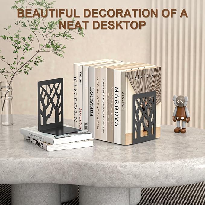 VFINE 8-Piece Metal Bookends for Shelves, Black Tree Book Ends for Books, Decorative Desk Book Organizer, Non-Skid Shelve Bookends for Home Office Shcool Supplies