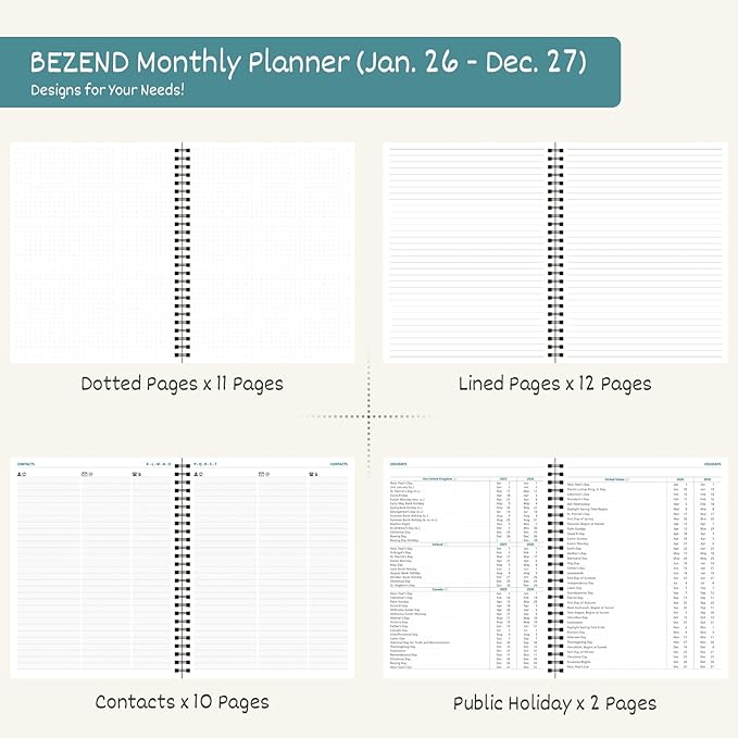 BEZEND Monthly Planner 2026-2027 (Spiral-7" x 9") 2 Year Calendar Book with Note Pages - Jan 26 to Dec 27-120 GSM Paper, Inner Pockets, Laminated Tabs, Vegan Leather Softcover - Mint Green