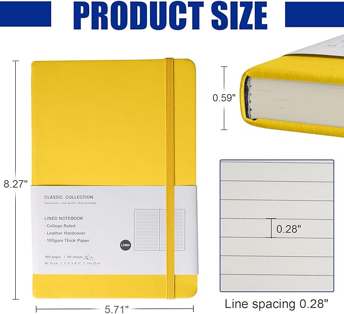EMOMAS Lined Journal Notebook, 10Pack Hardcover Notebook for Men & Women – Journals for Writing, Work, School, Home & Daily Notes, 160 Pages – Medium A5, 5.7"x8", 100 gsm Thick Paper (Bright Yellow)