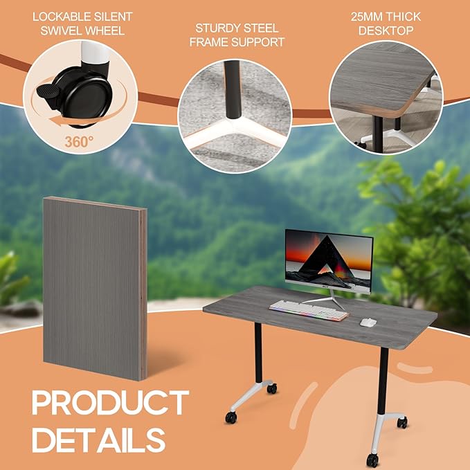 Folding Conference Table 4ft 5ft, Foldable Office Meeting Desk for 6 People, Multiple Sizes Colors Mobile Conference Room Table for Training Room School Business Furniture (2, Grey, 63in)